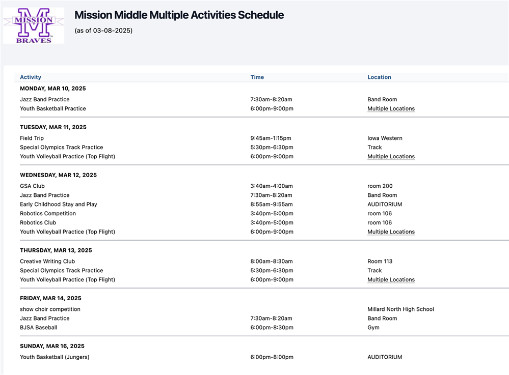 Weekly Mission Calendar
